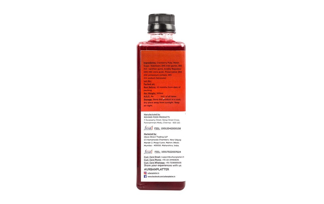 Urban Platter Cran Berry Syrup    Plastic Bottle  500 millilitre